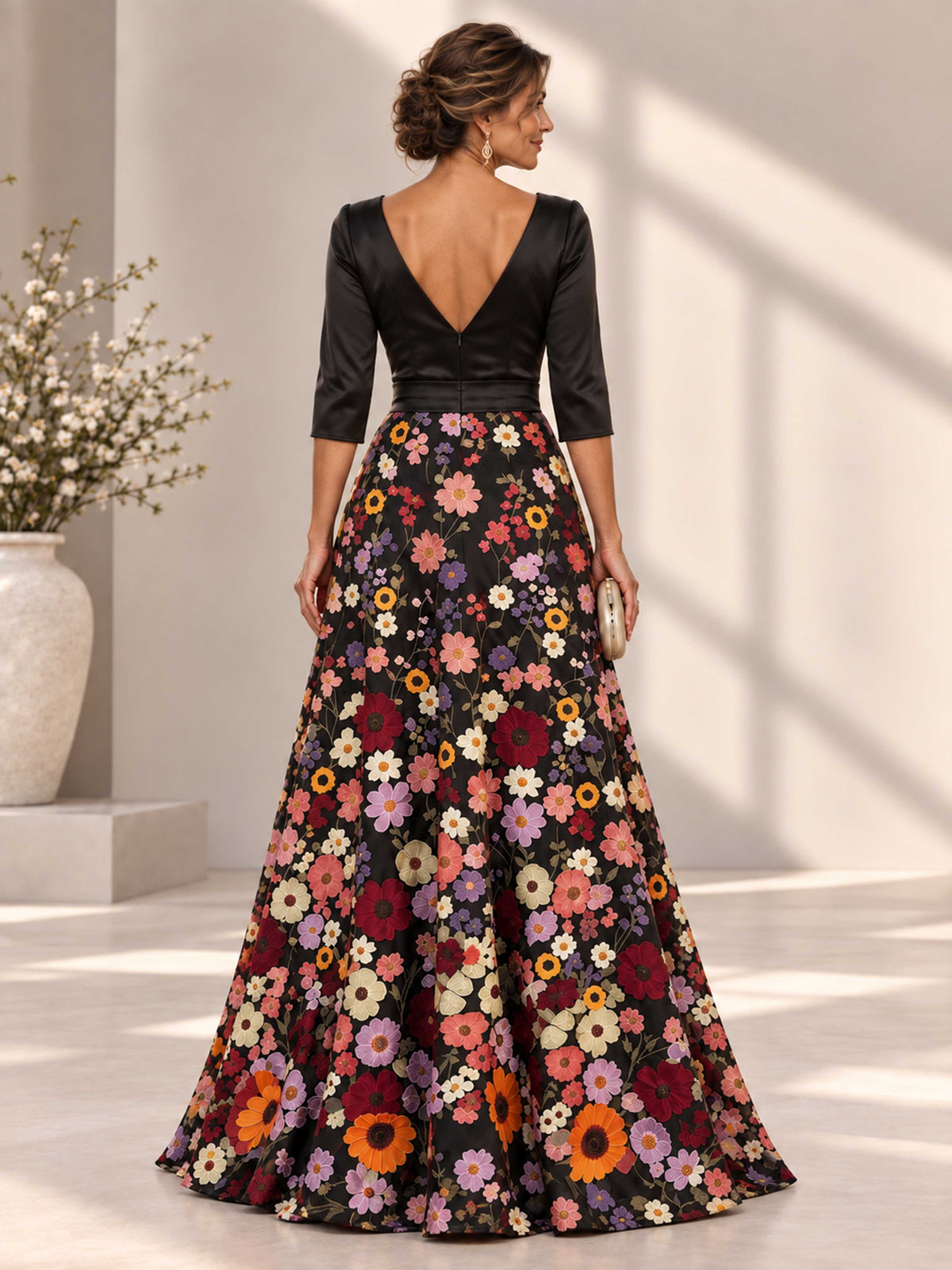 Talvina V-Neck Floral Appliqued Satin A-Line Mother of the Bride Dress