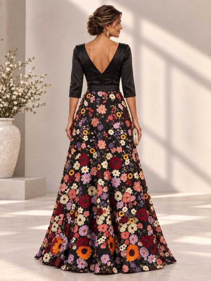 Talvina V-Neck Floral Appliqued Satin A-Line Mother of the Bride Dress