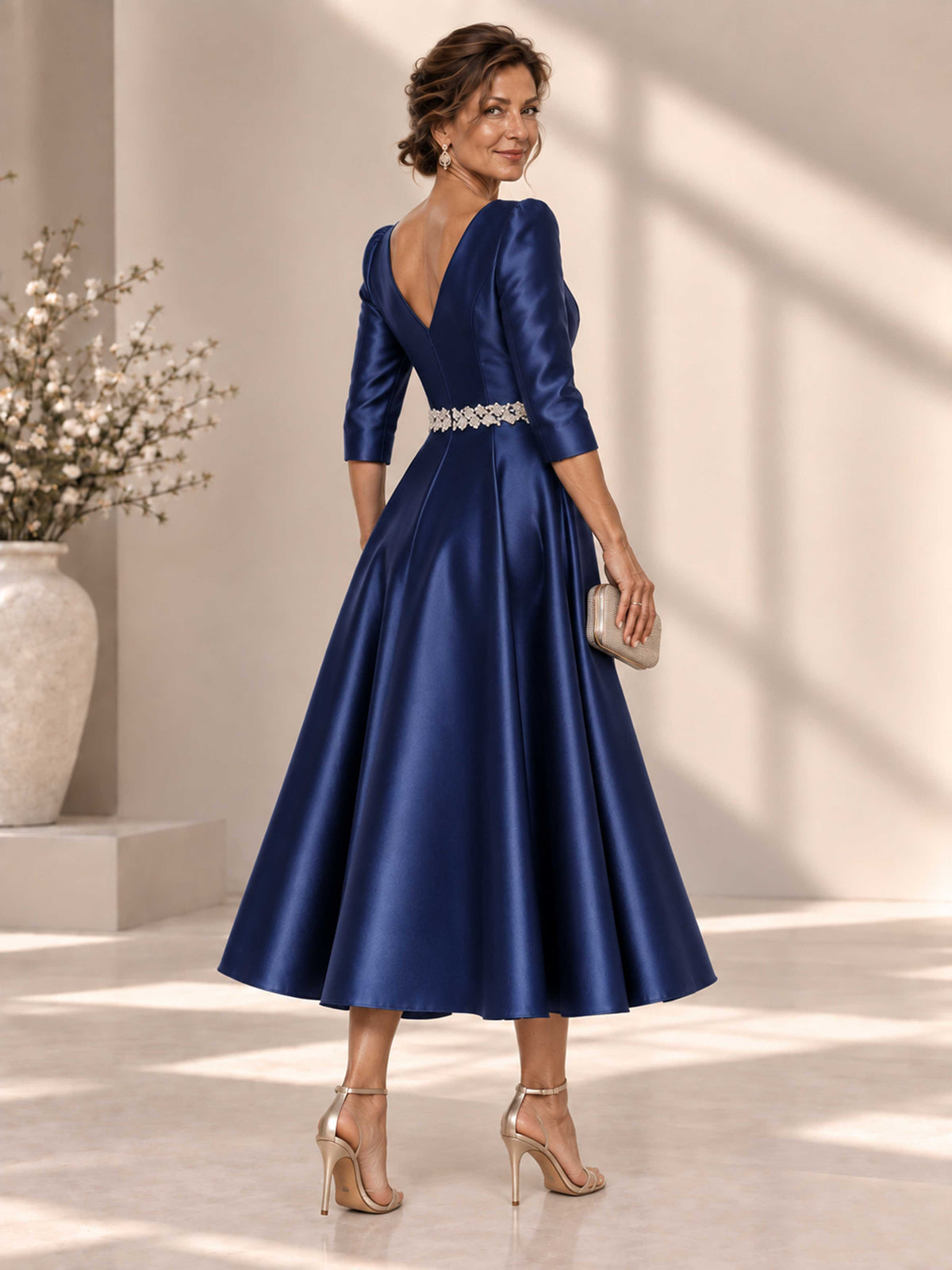 Virella V-Neck Beaded Satin 3/4 Sleeves A-Line Mother of the Bride Dress