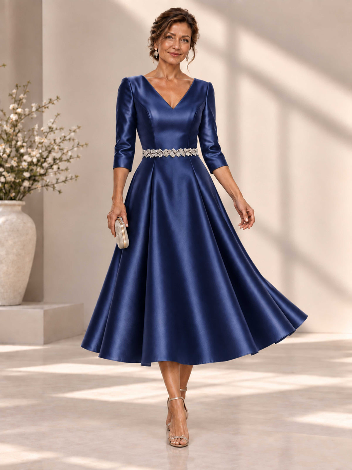Virella V-Neck Beaded Satin 3/4 Sleeves A-Line Mother of the Bride Dress