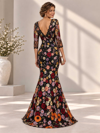 Wenoria V-Neck Floral Lace Long Mermaid Mother of the Bride Dress