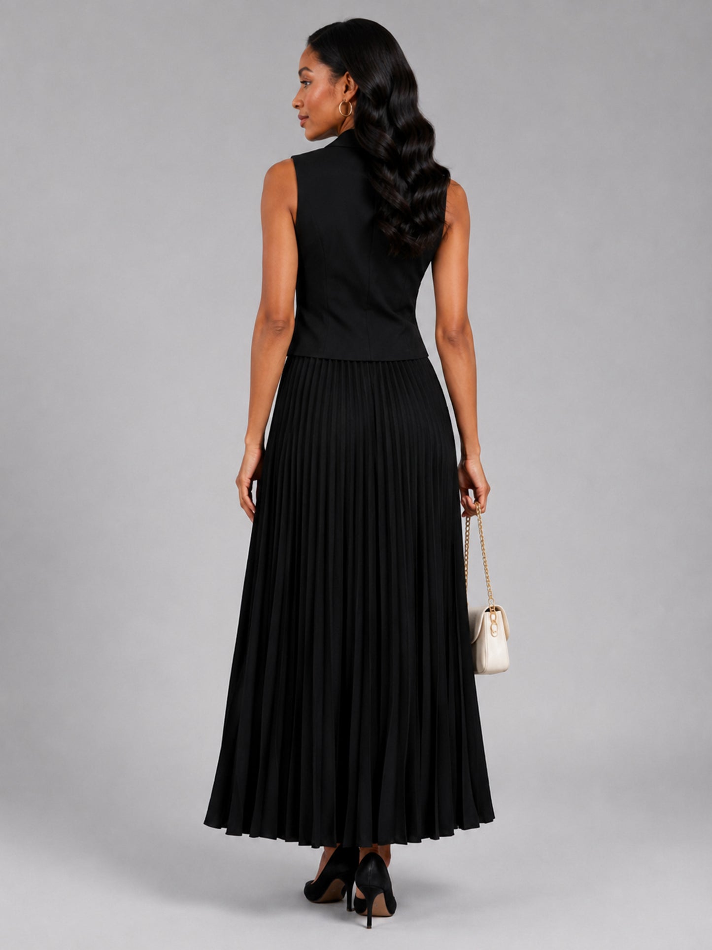 Women’s Four Buttons Vest and Pleated A-Line Skirt Set