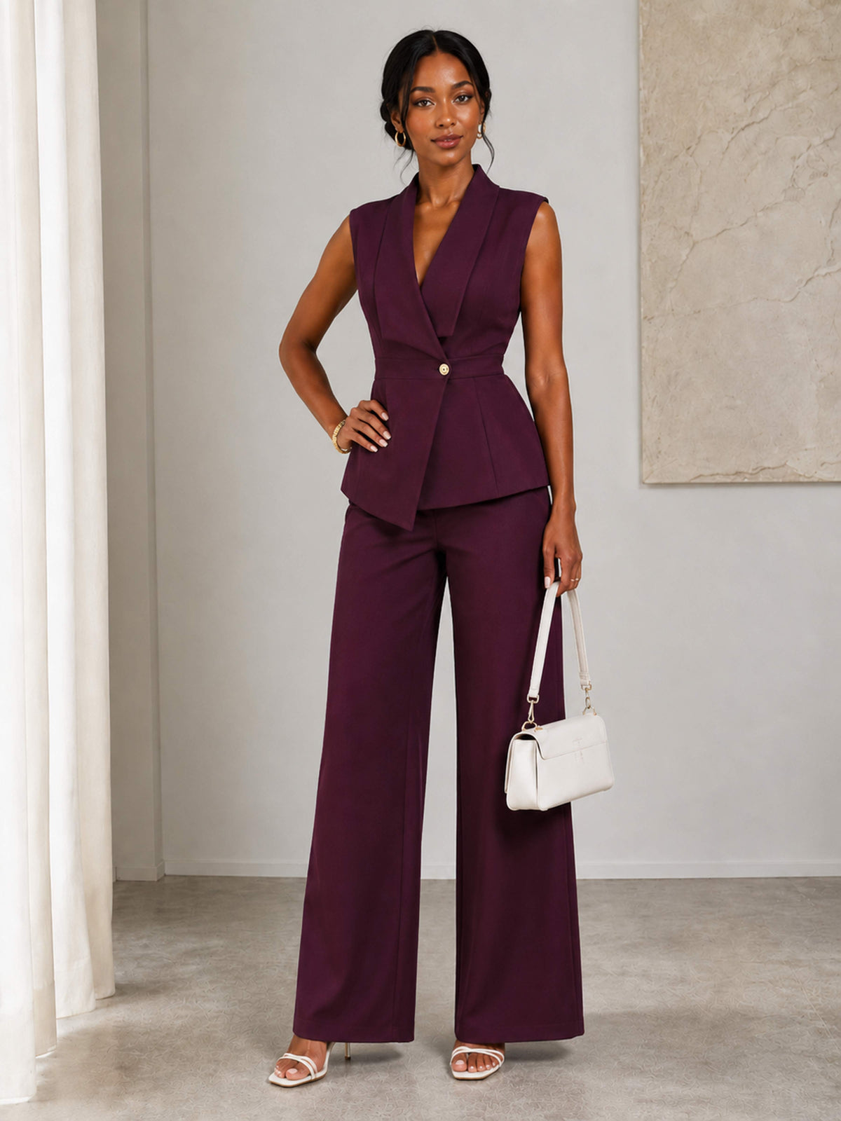 Women's 2 Piece Pantsuit with Sleeveless Shawl-Lapel Vest