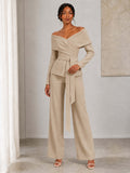 Women's Off-Shoulder Wrap Blazer and Wide-Leg Pants Suit