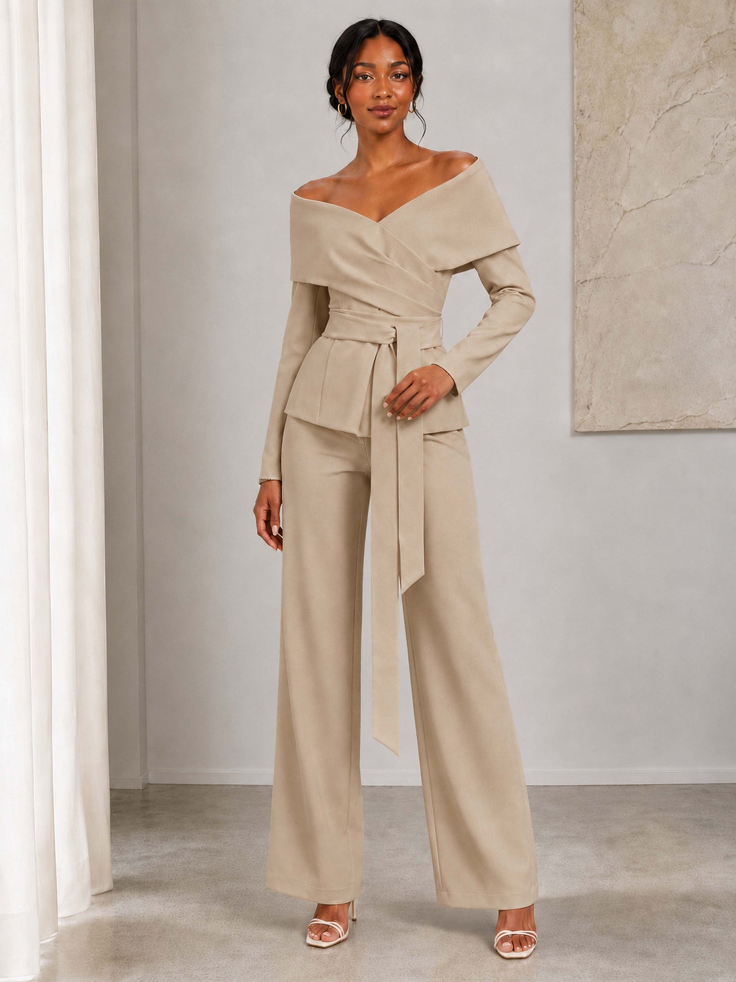 Women's Off-Shoulder Wrap Blazer and Wide-Leg Pants Suit