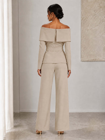 Women's Off-Shoulder Wrap Blazer and Wide-Leg Pants Suit