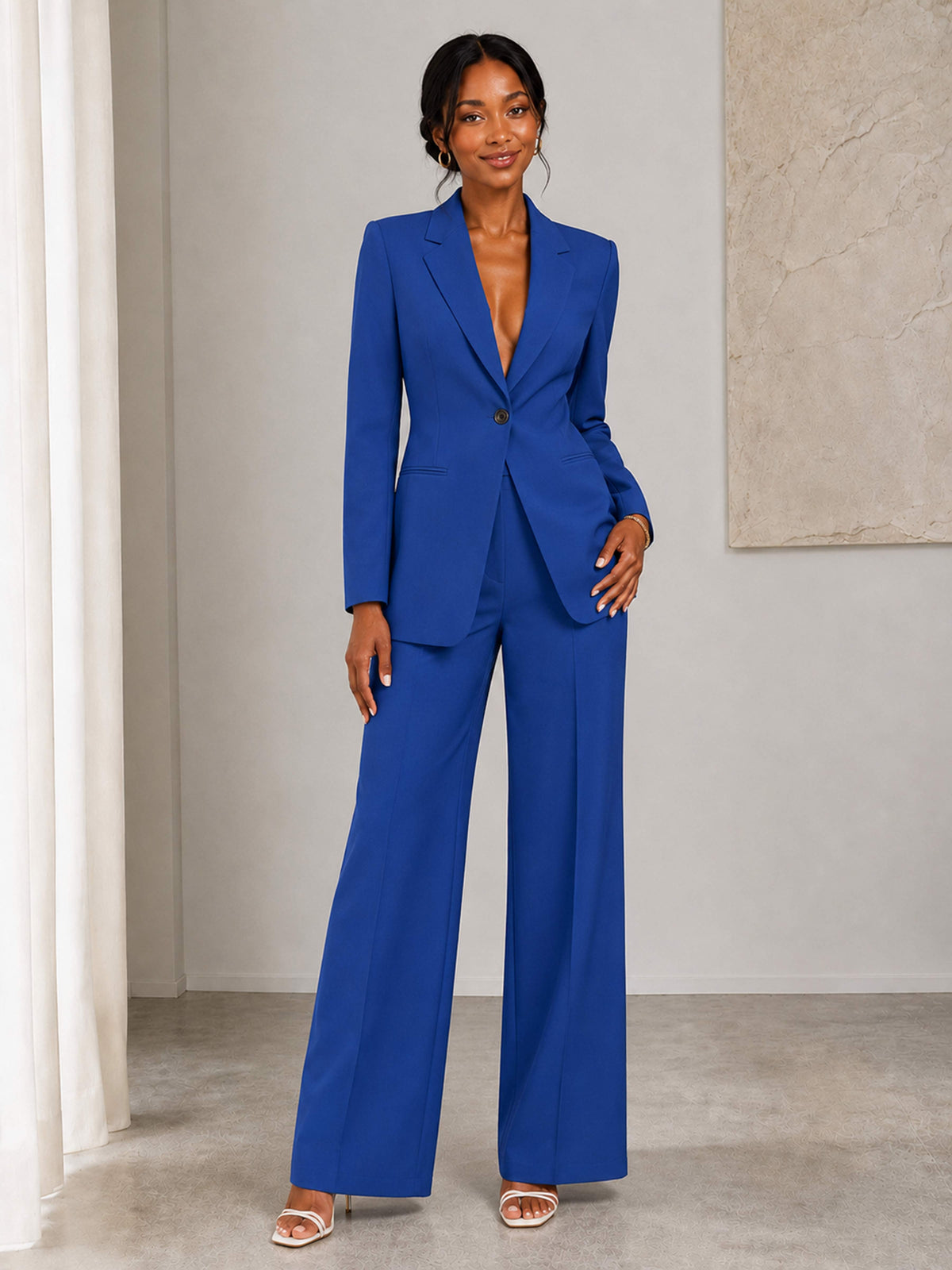 Women's Single-Button Notch Lapel Pantsuit with Wide Leg Trousers