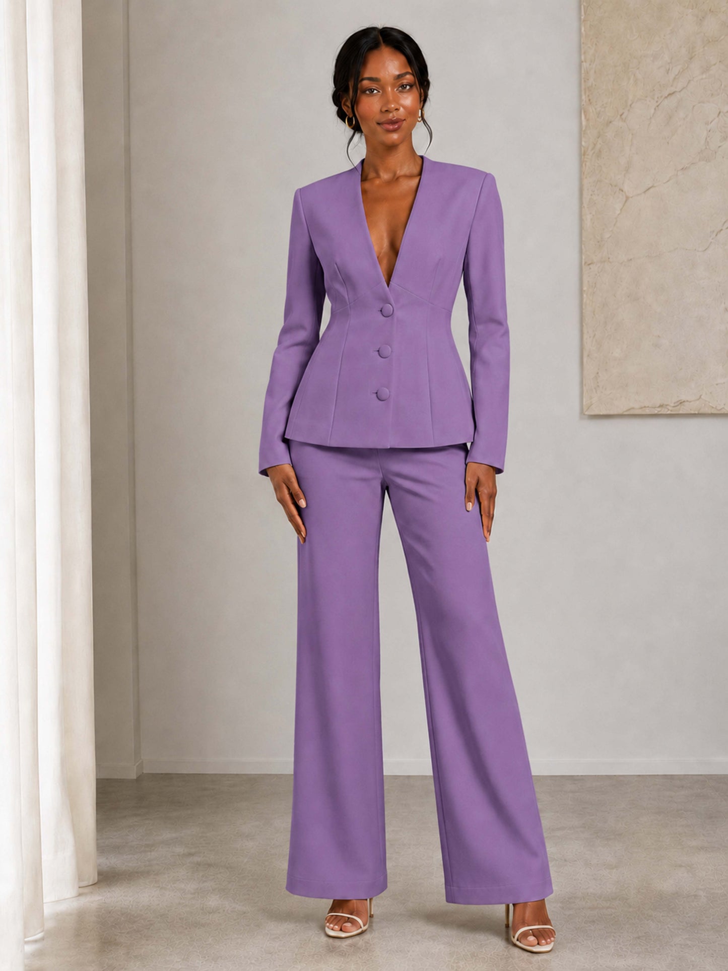 Women's Three-Button Fitted Jacket and Wide-Leg Pants Suit