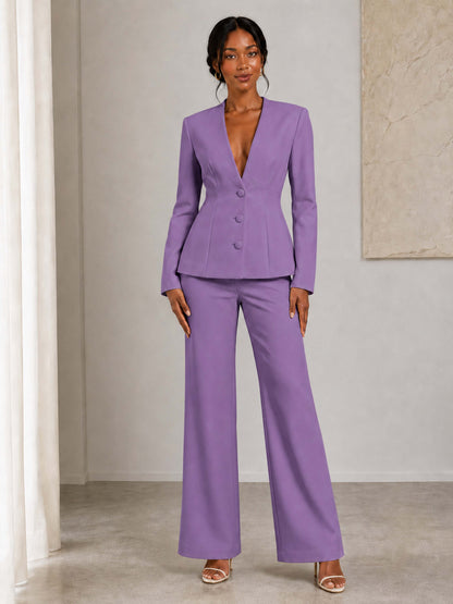 Women's Three-Button Fitted Jacket and Wide-Leg Pants Suit
